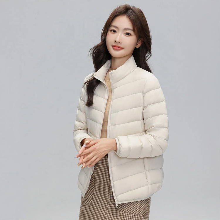 Light women's down jacket with stand-up collar