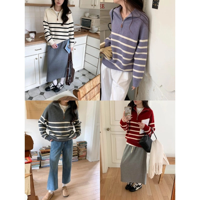 Women's sweater with zipper and stripe pattern