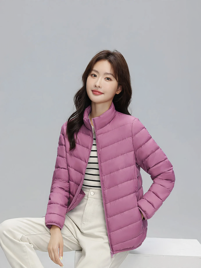 Light down jacket for women, stand-up collar, white, duck down