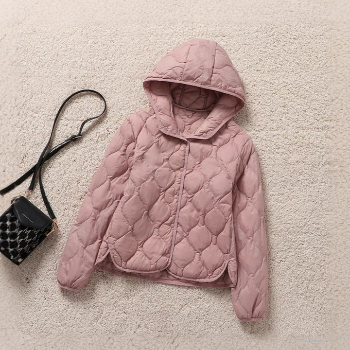Light women's down jacket, short, with hood