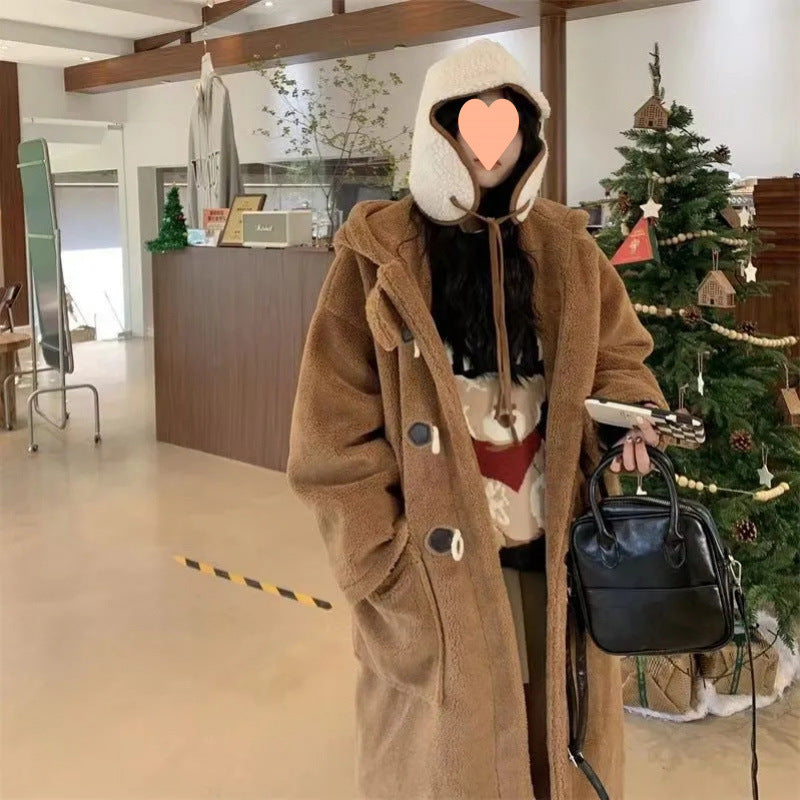 Lamb fleece coat, long, with toggle buttons and hood