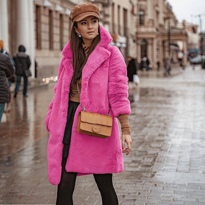 Long women's faux fur coat with lapel collar