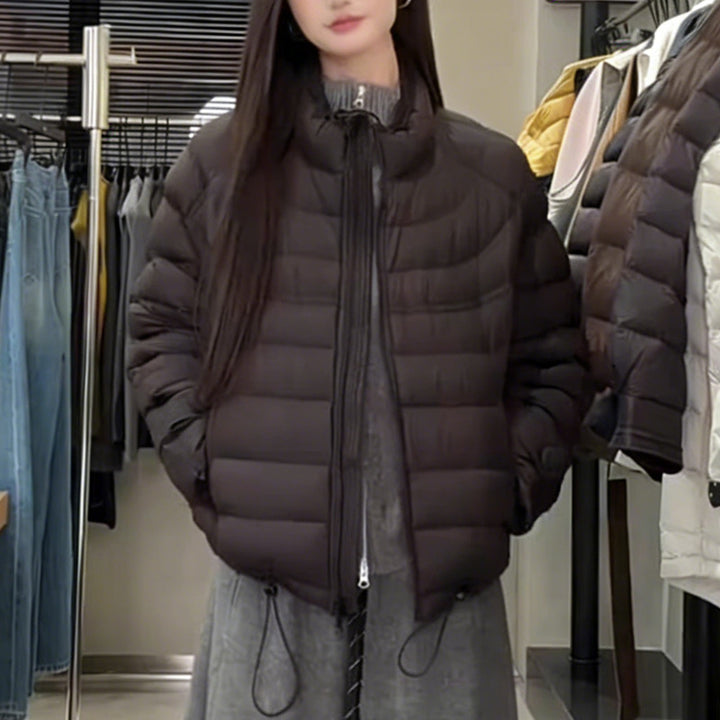 Short women's down jacket with standing collar