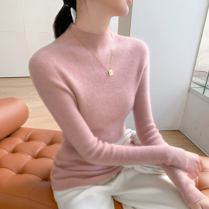 Women's cashmere sweater, stand-up collar, slim fit