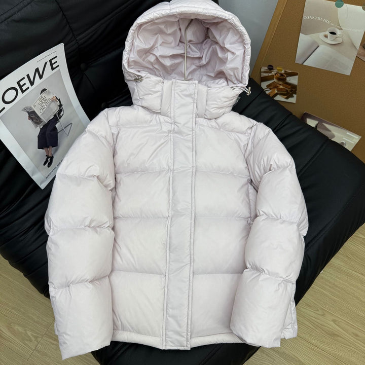 Short women's down jacket with removable hood