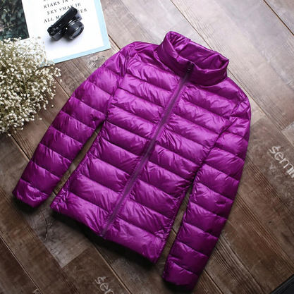 Short women's down jacket, white duck down lining, stand collar