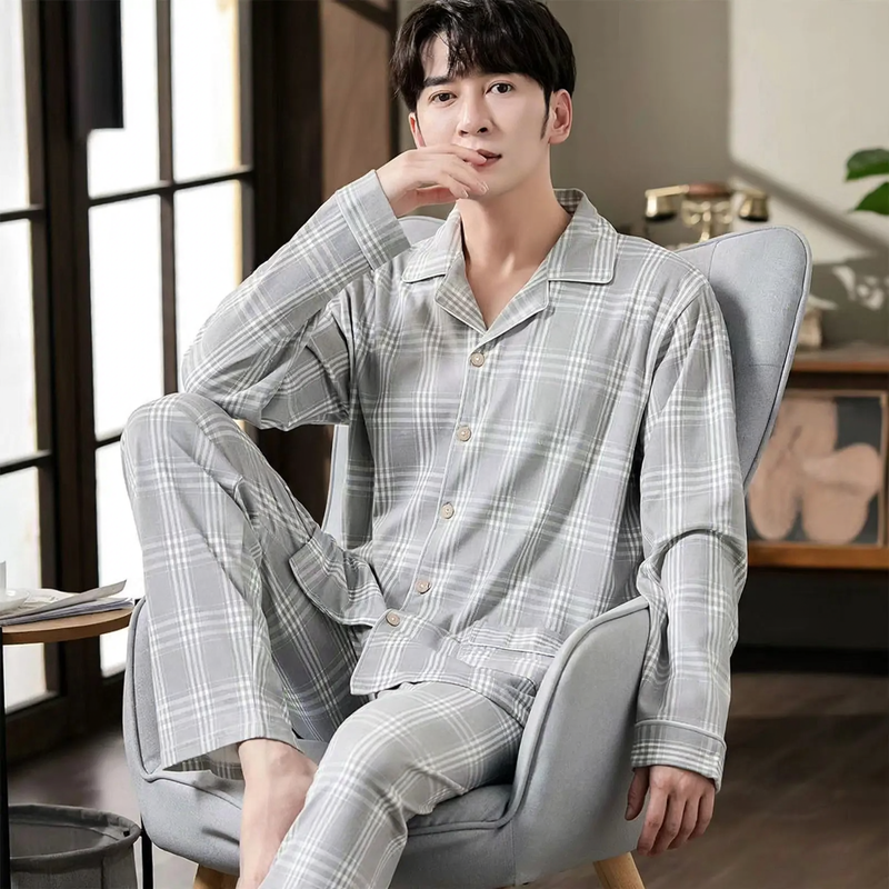Men's Pajama Set, 100% Cotton, long-sleeved, buttoned