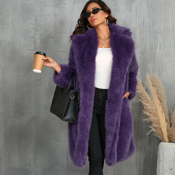 Long Faux Fur Coat with Lapel Collar