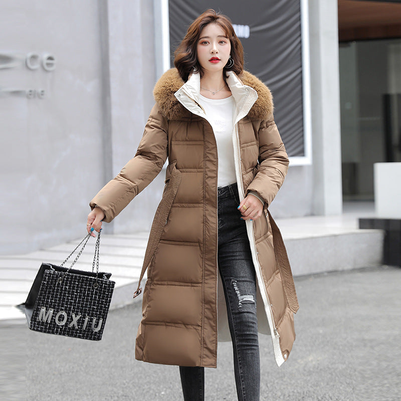 Long women's winter coat, tailored, with belt and fur collar