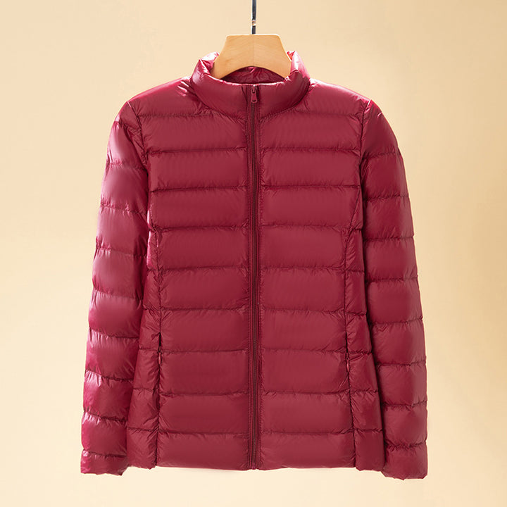 Short women's down jacket with standing collar