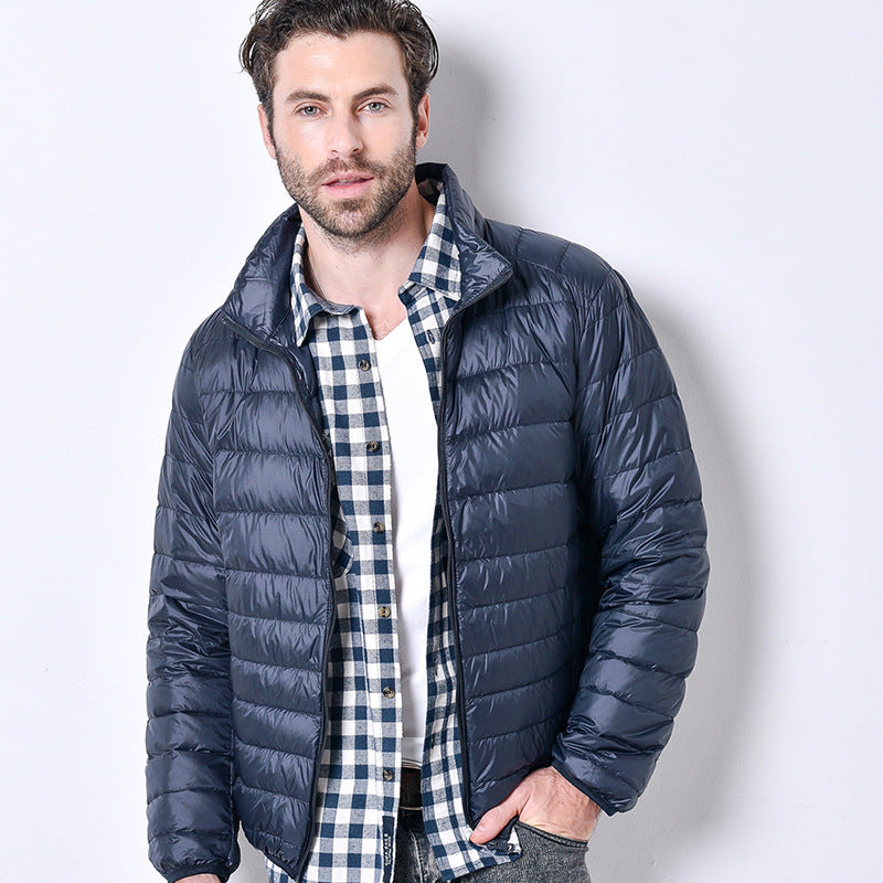 Light men's down jacket, stand-up collar, slim fit