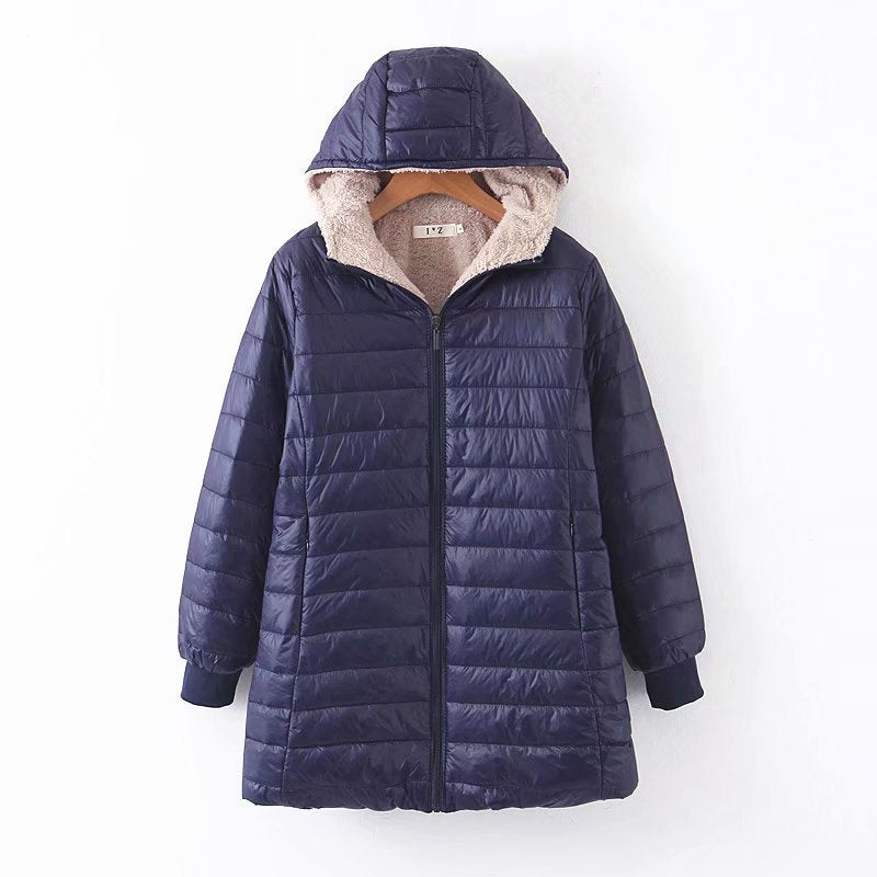 Padded women's winter coat with hood and lambskin look