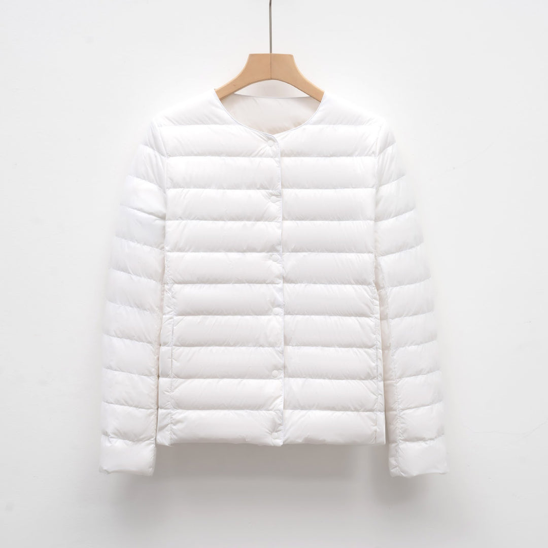 Light women's quilted jacket with round neckline