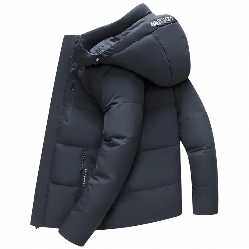 Short men's down jacket with detachable hood