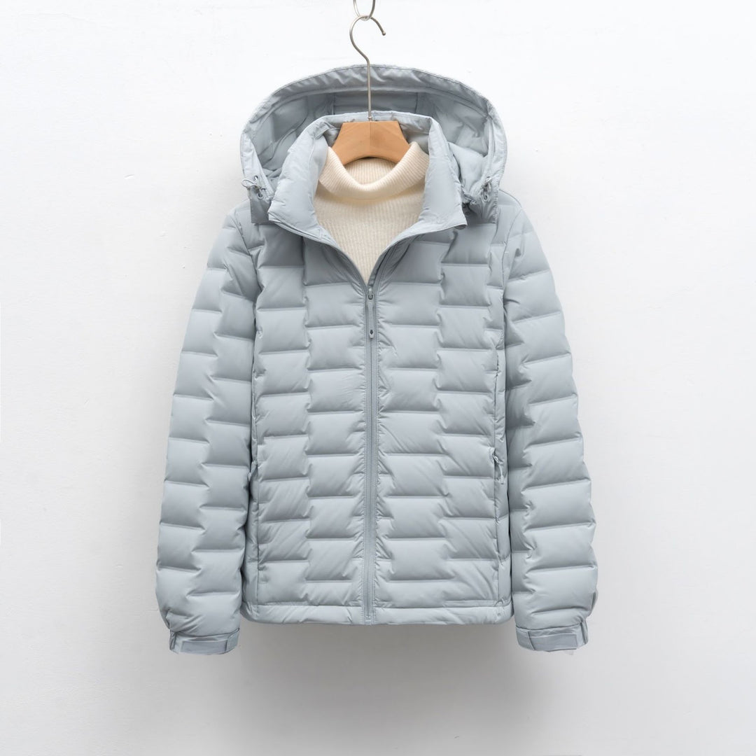 Light women's down jacket with hood, short