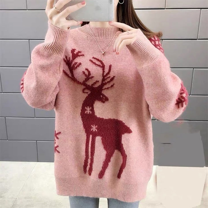Christmas knitted sweater with reindeer motif, stand-up collar