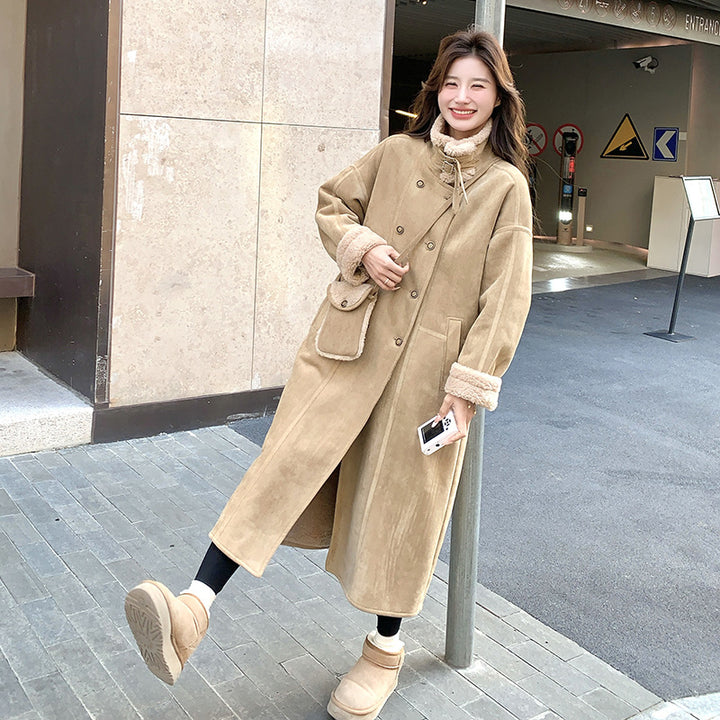 Lamb fleece coat, long, suede look
