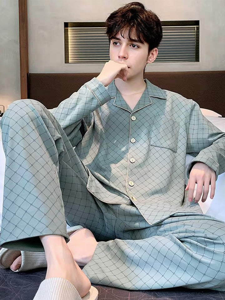 Men's cotton pajama set, long sleeve, with button placket