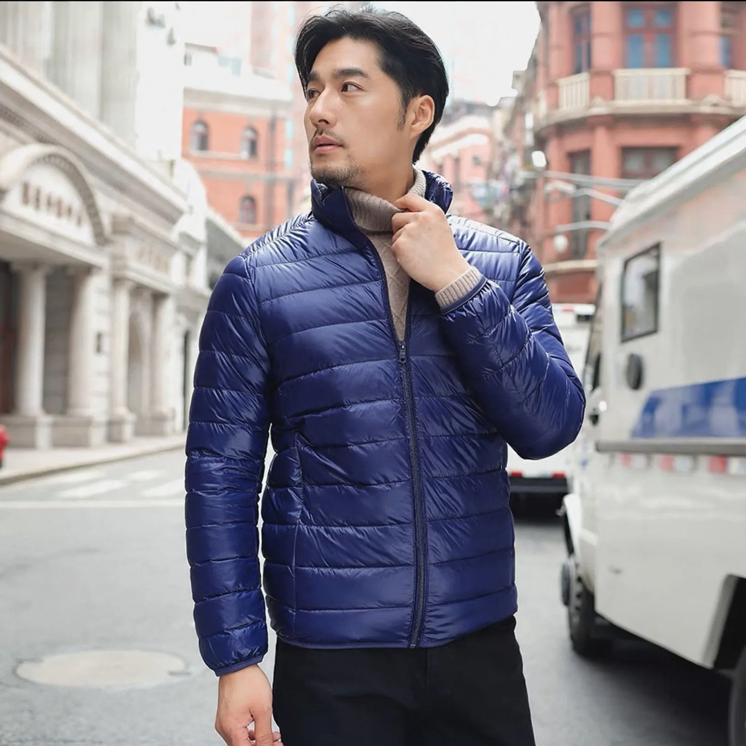 Men's down jacket, short, slim fit, with white duck down