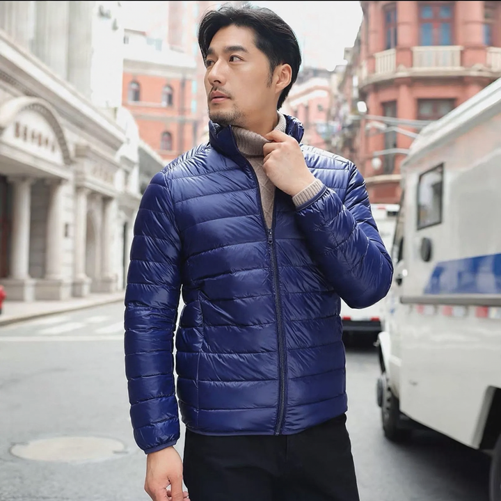 Men's down jacket, short, slim fit, with white duck down