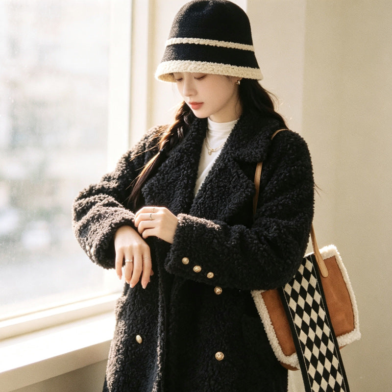 Women's coat, lamb fur imitation, long, black