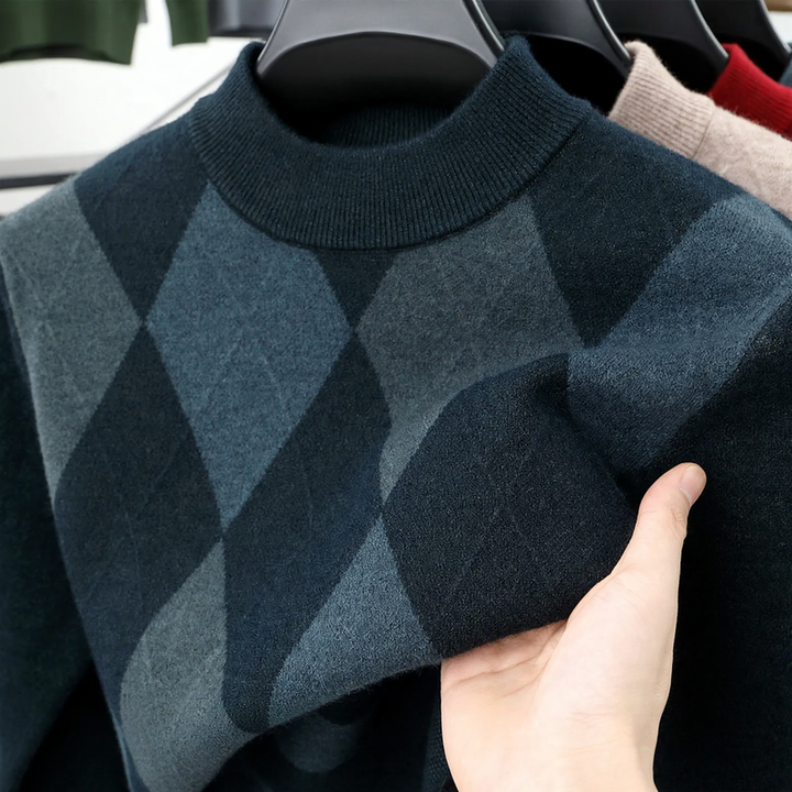 Men's wool sweater, checkered, stand collar, extra warm