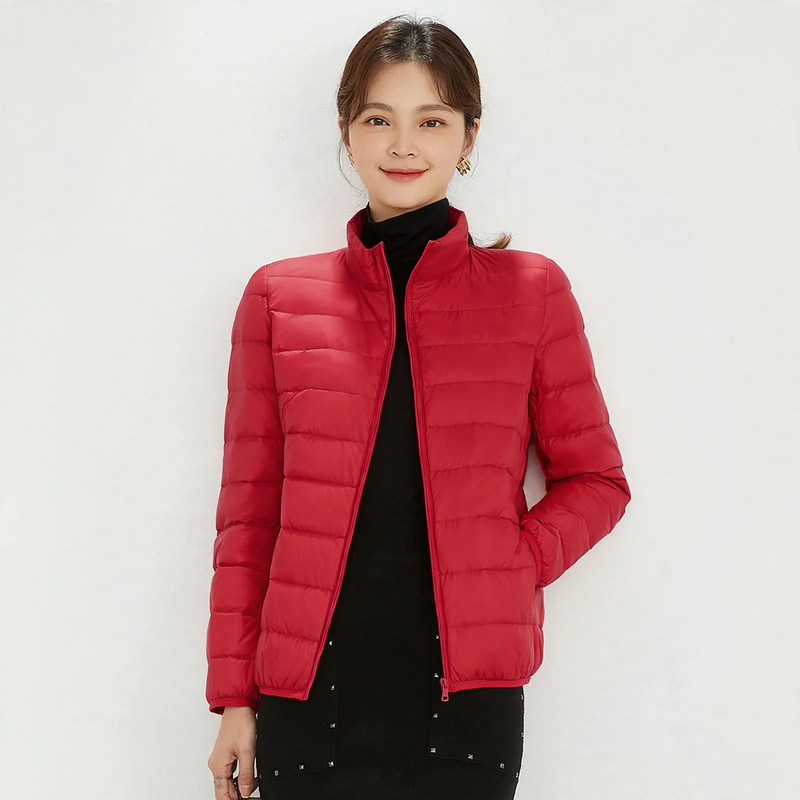Light women's down jacket with stand-up collar, white duck down