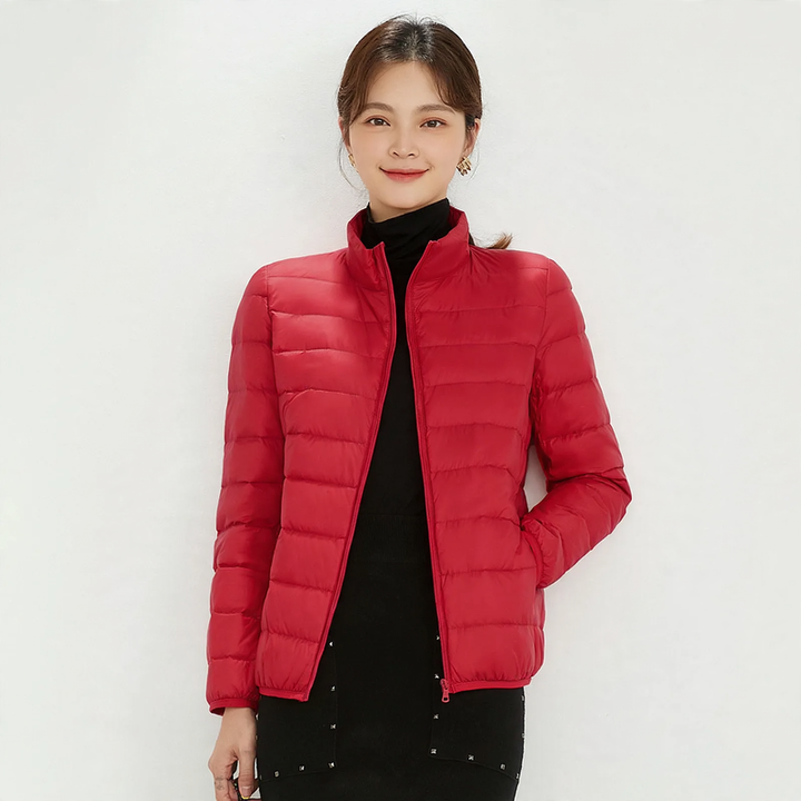 Light women's down jacket with stand-up collar, white duck down