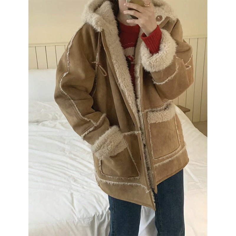 Women's faux lamb fur hooded jacket, casual