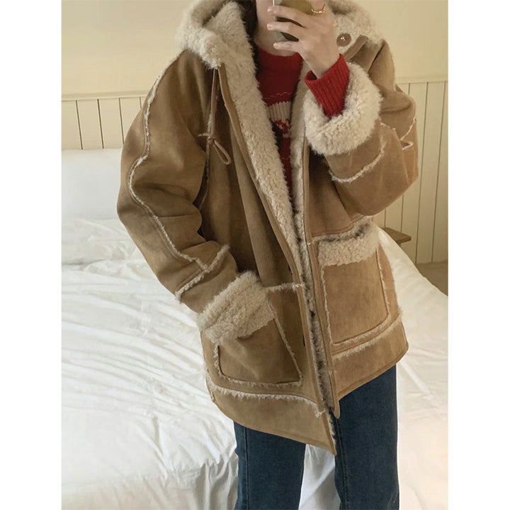 Women's faux lamb fur hooded jacket, casual