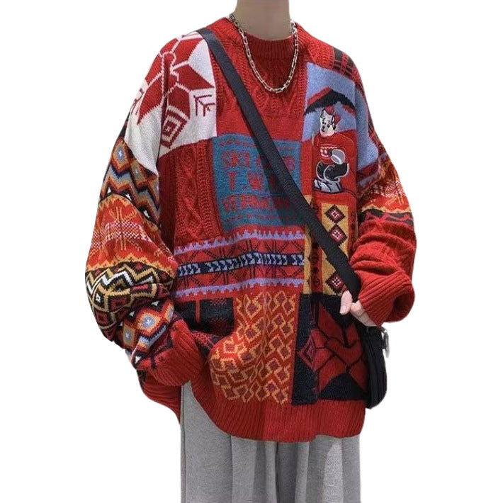 Men's knitted sweater with bear embroidery and stand-up collar