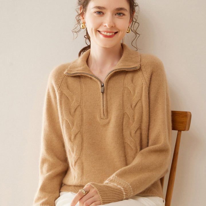Women's cashmere sweater with stand-up collar and zipper