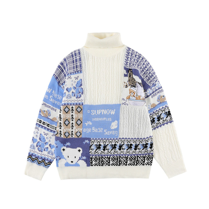Retro knitted sweater with cable pattern and bear design