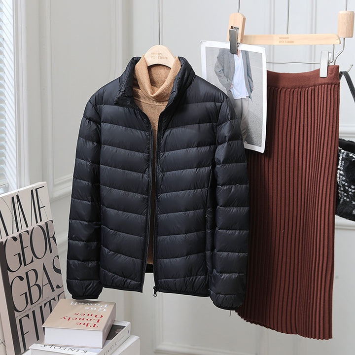 Light women's down jacket, standing collar, 90% duck down