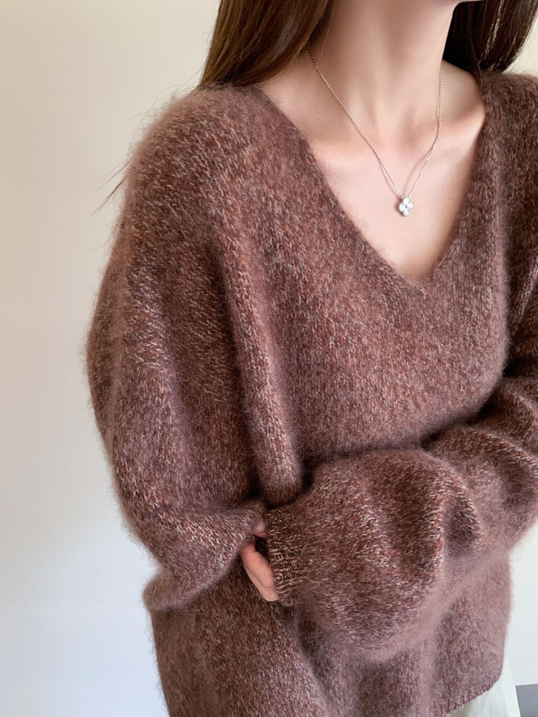 Ladies V-neck Sweater, Wool-Cashmere, Brushed