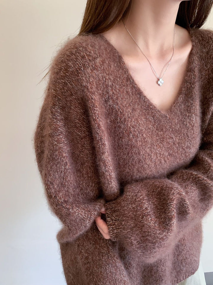 Ladies V-neck Sweater, Wool-Cashmere, Brushed