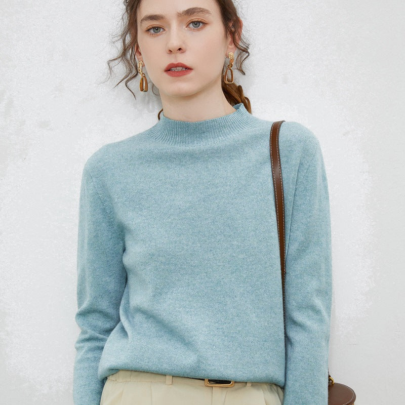 Women’s wool sweater, stand-up collar, ribbed knit, loose fit