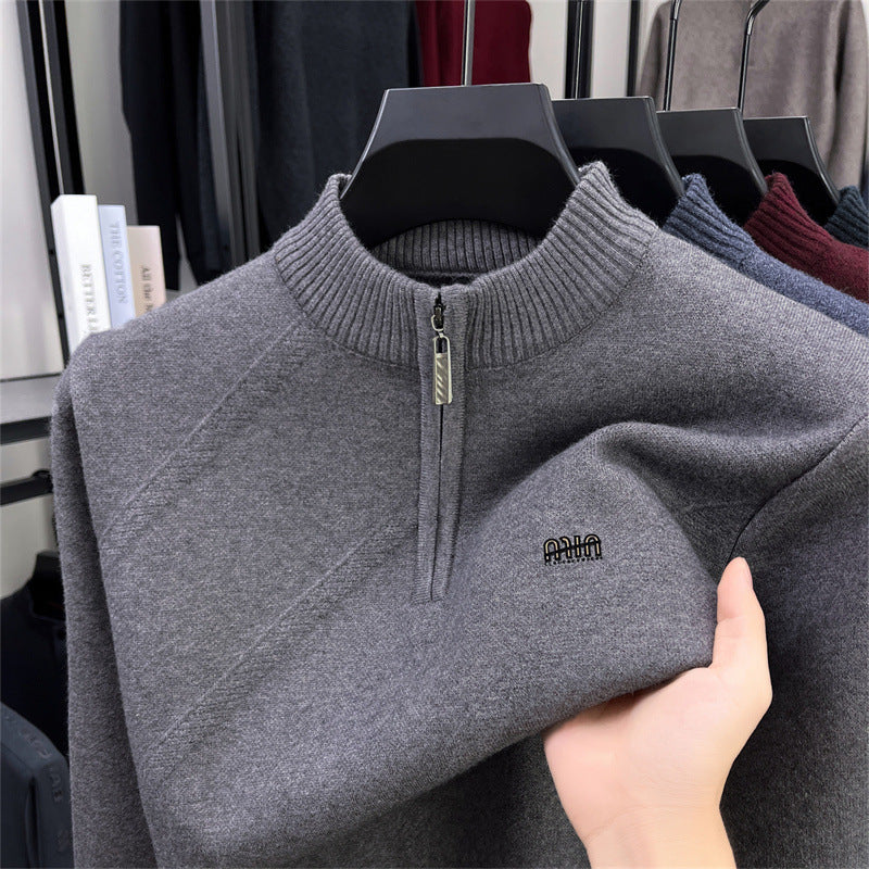Men's knit sweater with stand-up collar and zipper