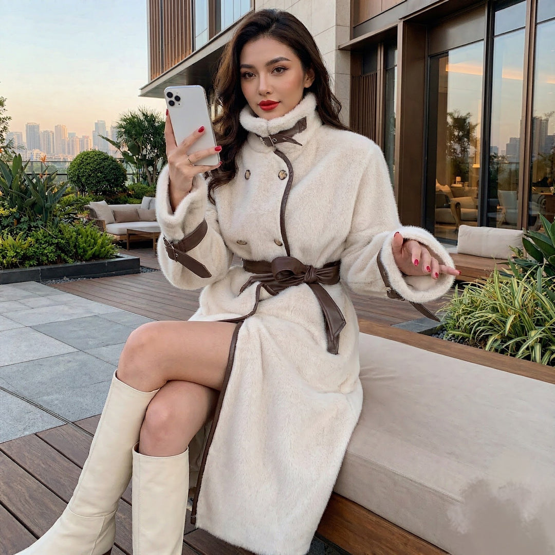 Long women's sheepskin coat with belt