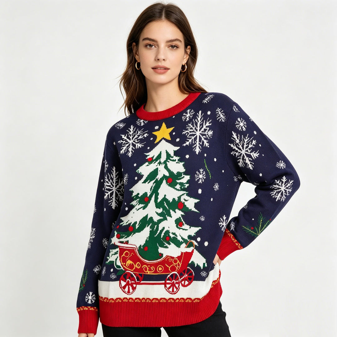 Christmas knit sweater with tree jacquard
