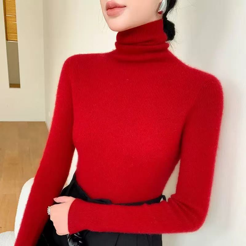 Women's Wool Knit Sweater, Stand-Up Collar, Slim Fit