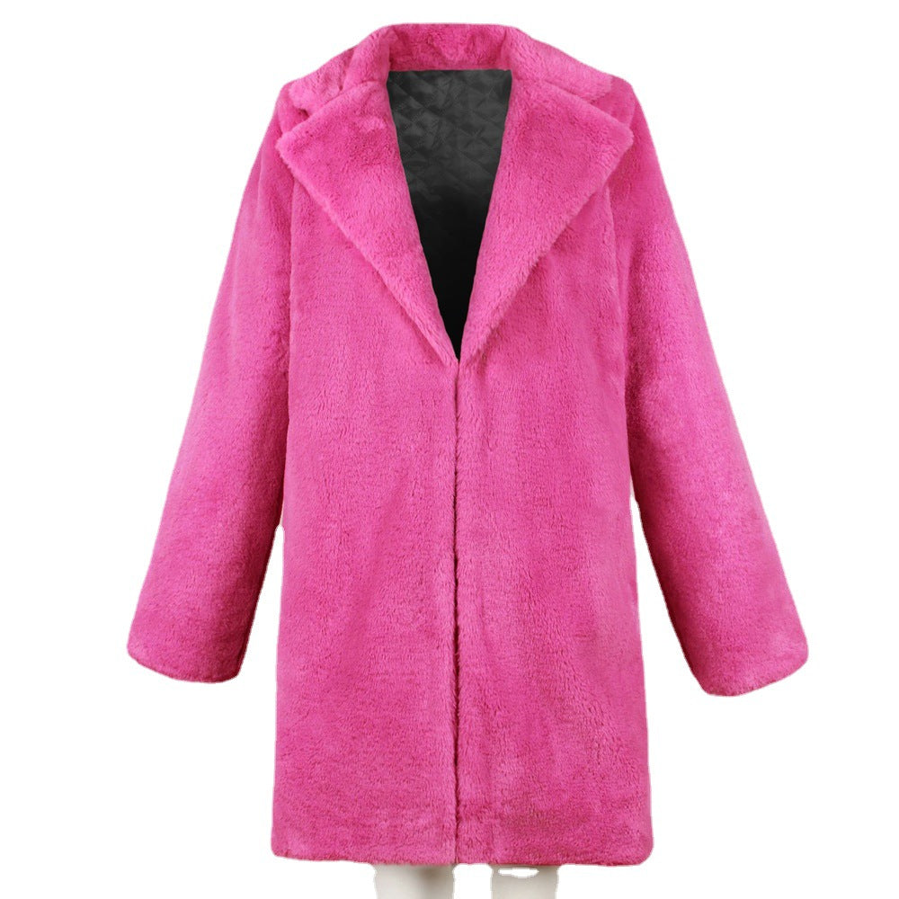 Long women's faux fur coat with lapel collar