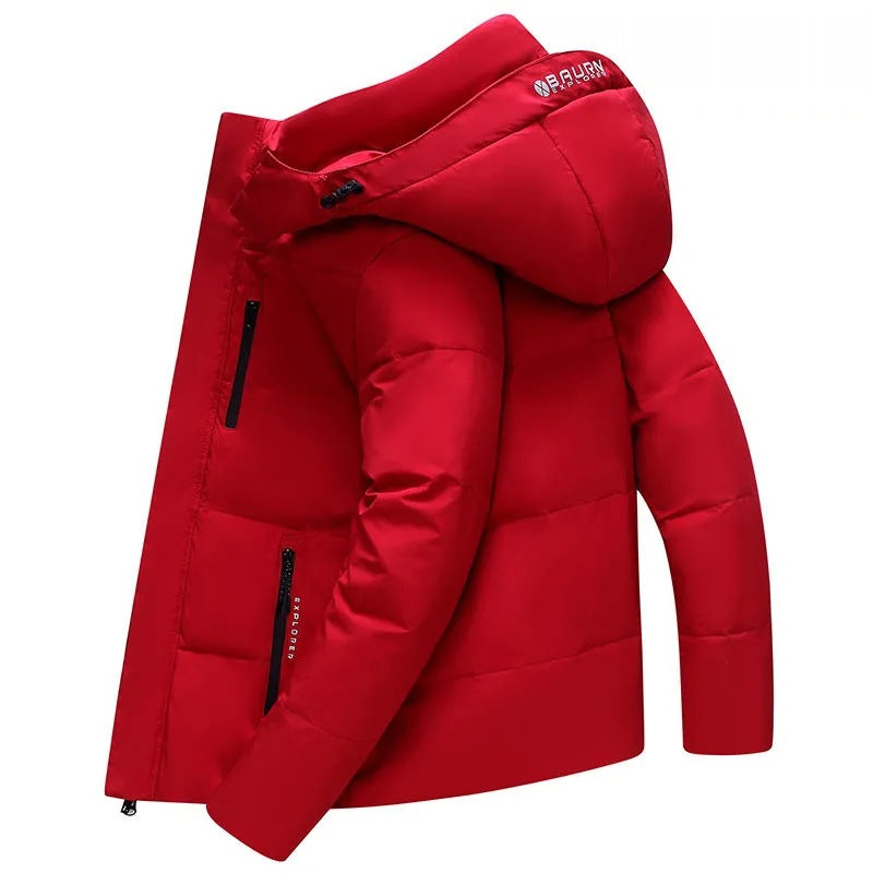 Short men's down jacket with detachable hood