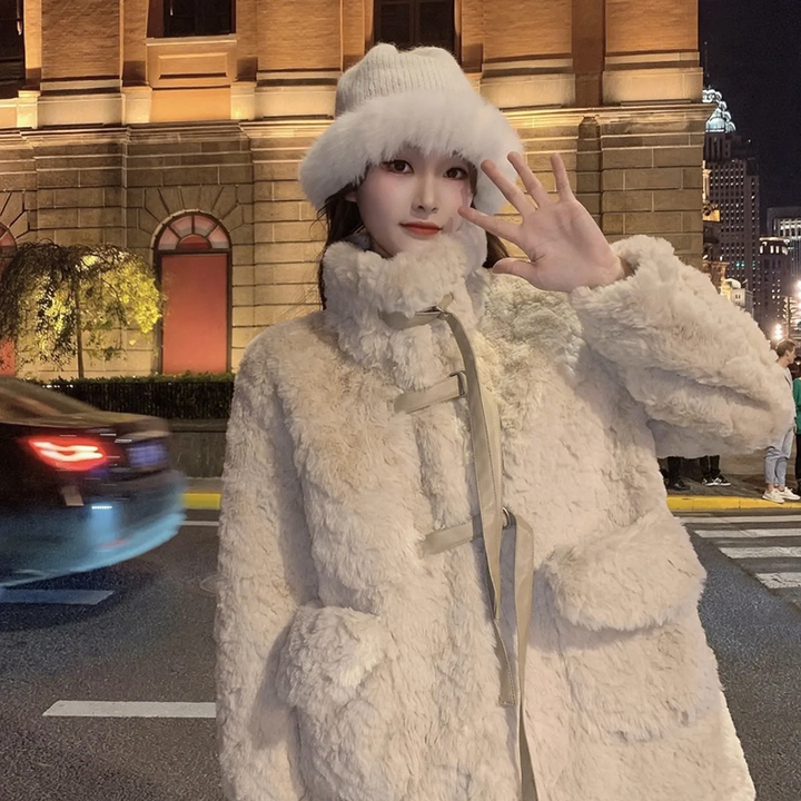 Fluffy coat with stand-up collar