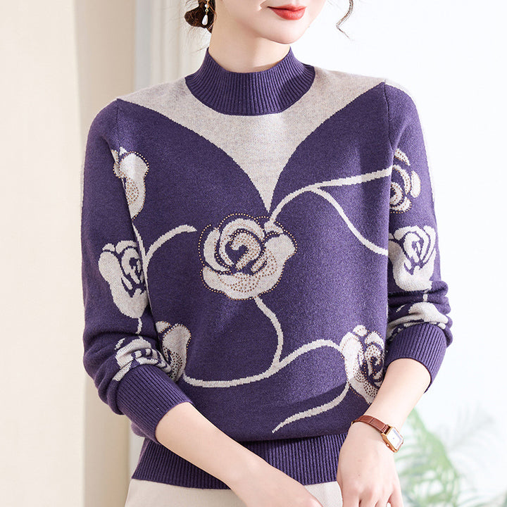 Women's knit sweater with stand-up collar and floral pattern