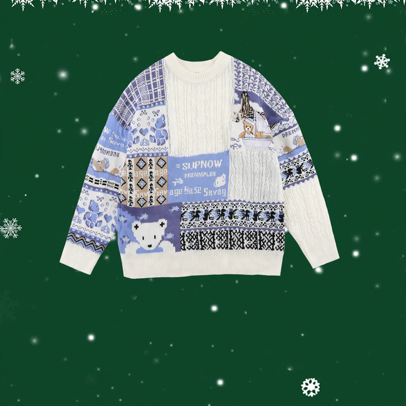 Retro knitted sweater with cable pattern and bear design