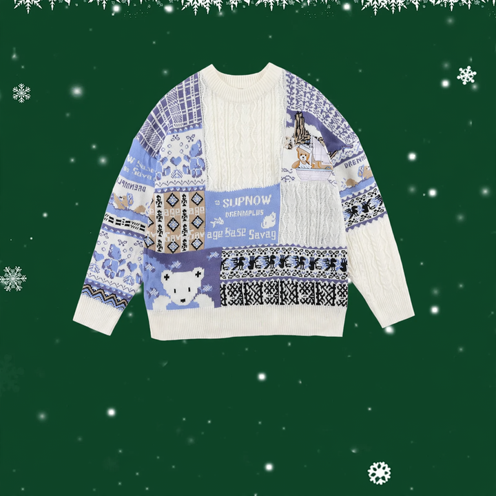 Retro knitted sweater with cable pattern and bear design