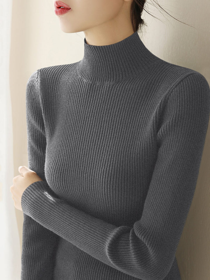 Women's knitted pullover with stand-up collar, slim fit