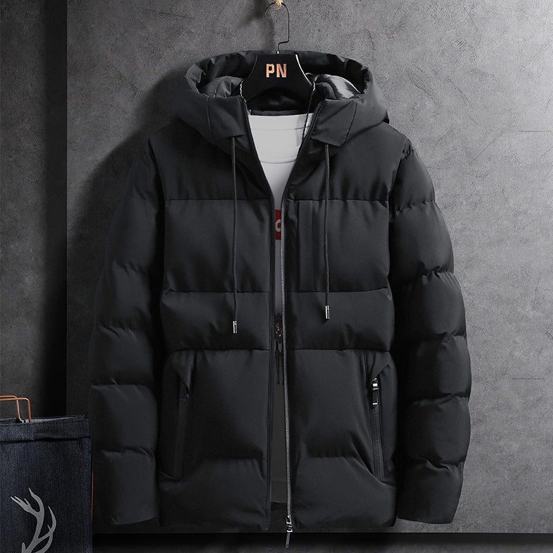 Padded men's winter jacket with hood, solid color
