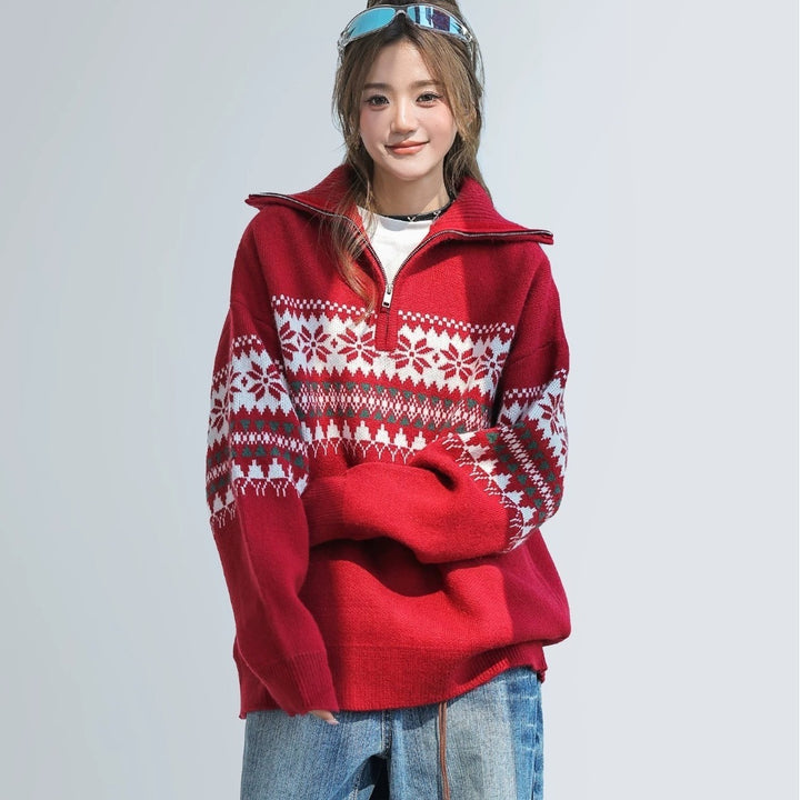 Women's Knit Sweater with Zipper and Collar